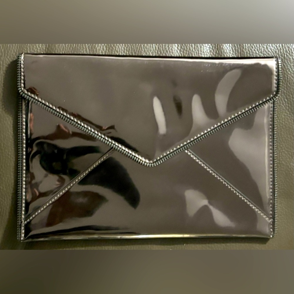 REBECCA MINKOFF PEWTER REFLECTIVE ENVELOPE CLUTCH W ZIPPERS SNAP CLOSURE